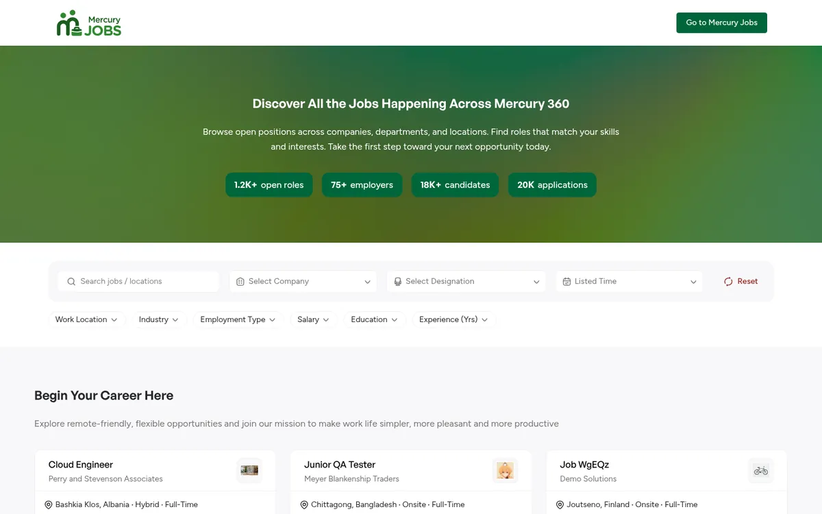 Mercury Jobs candidate portal with job search and filters